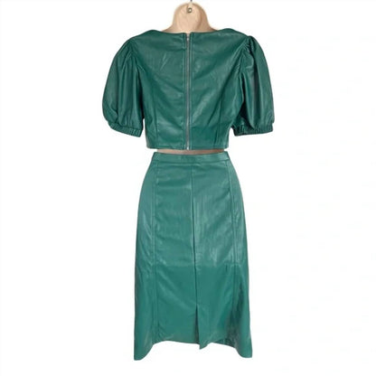 Women's Faux Leather Puff Sleeve Crop Top & Midi Skirt Set