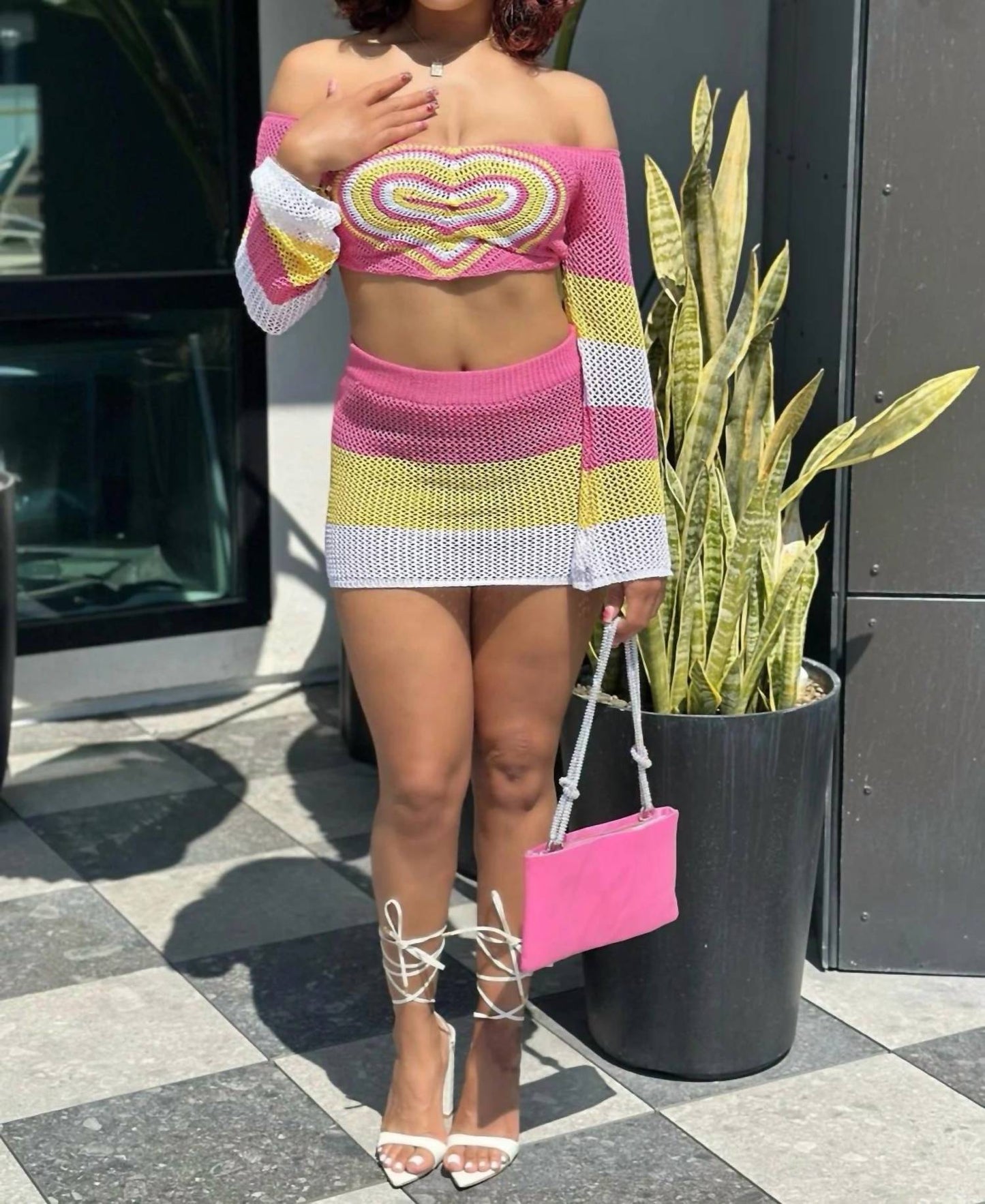 Heartbreaker Block Knit Off Shoulder Long Sleeve Matching Mini Skirt Set