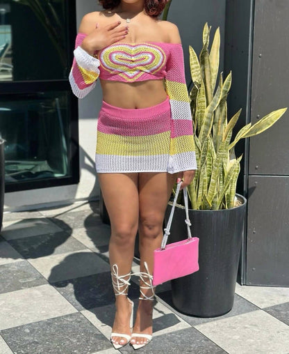 Heartbreaker Block Knit Off Shoulder Long Sleeve Matching Mini Skirt Set