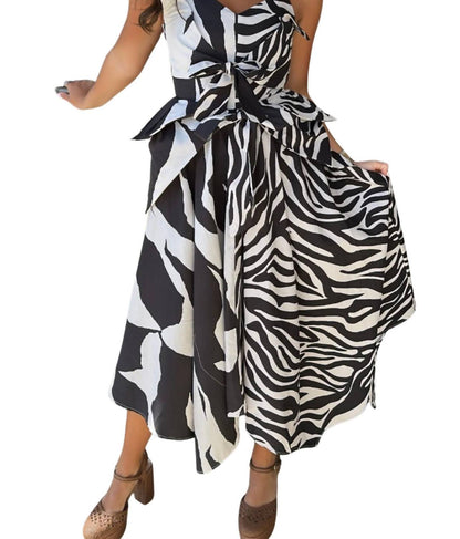 Asymmetric Tie Front Mixed Print Maxi Dress