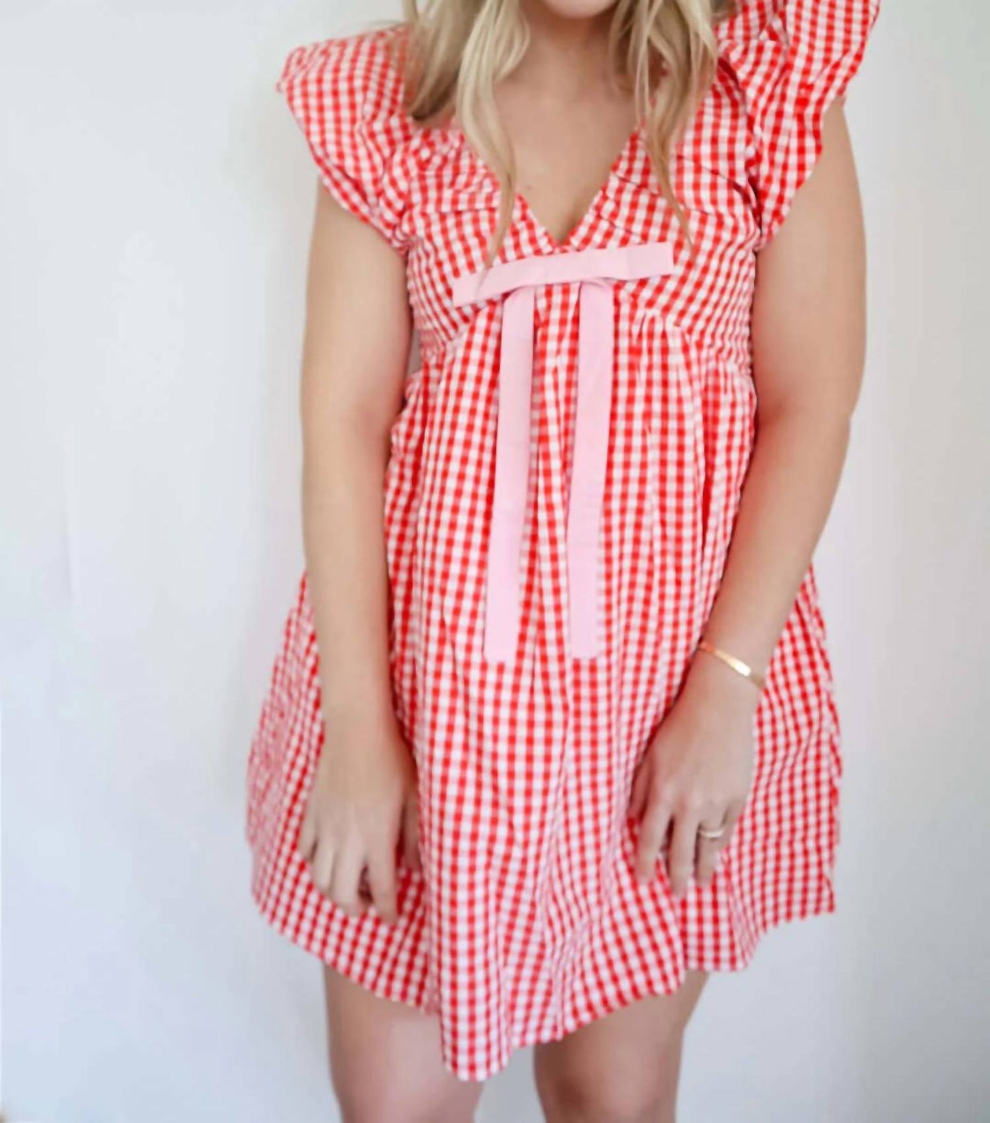 Jenny Gingham Blouson Shoulder Mini Dress