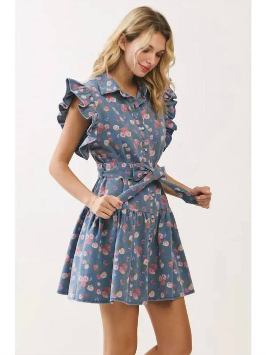 Floral Denim Ruffle Dress