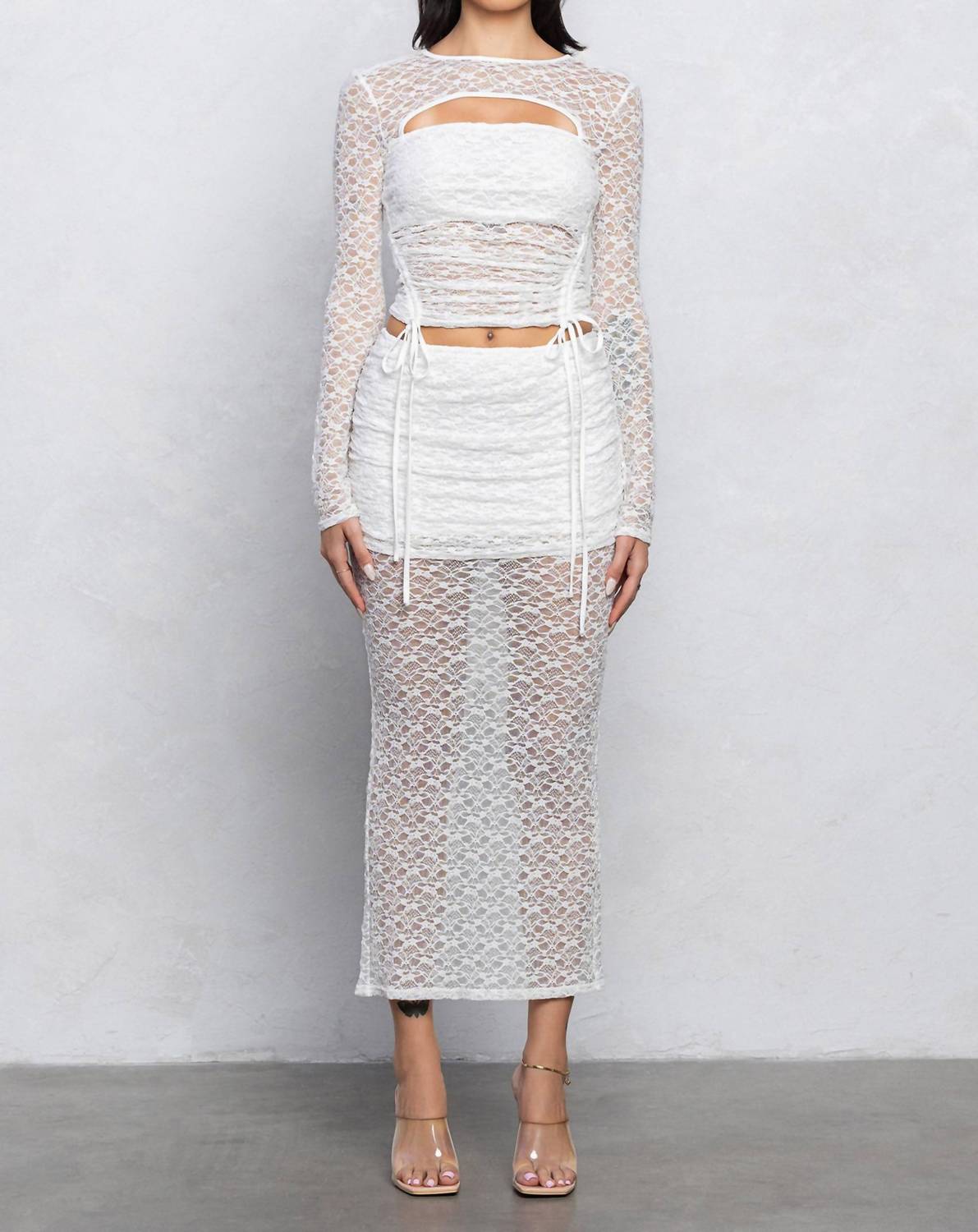 Lace Long Sleeve Cut-out Top And Long Skirt Set