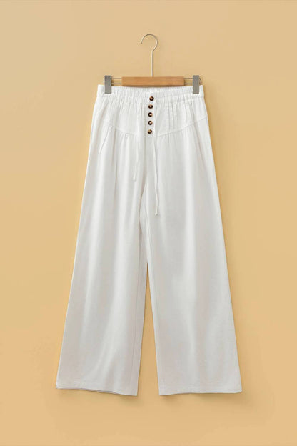 Elastic Waist Button Pleated Detail Wide Leg Pants