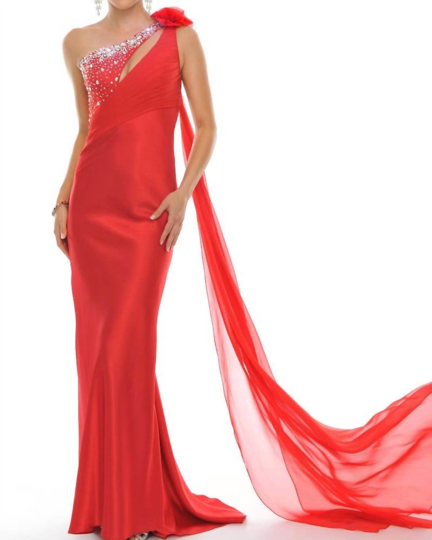 Precious Formals - One Shoulder Charmeuse Beaded Evening Gown - Rack Hunt -