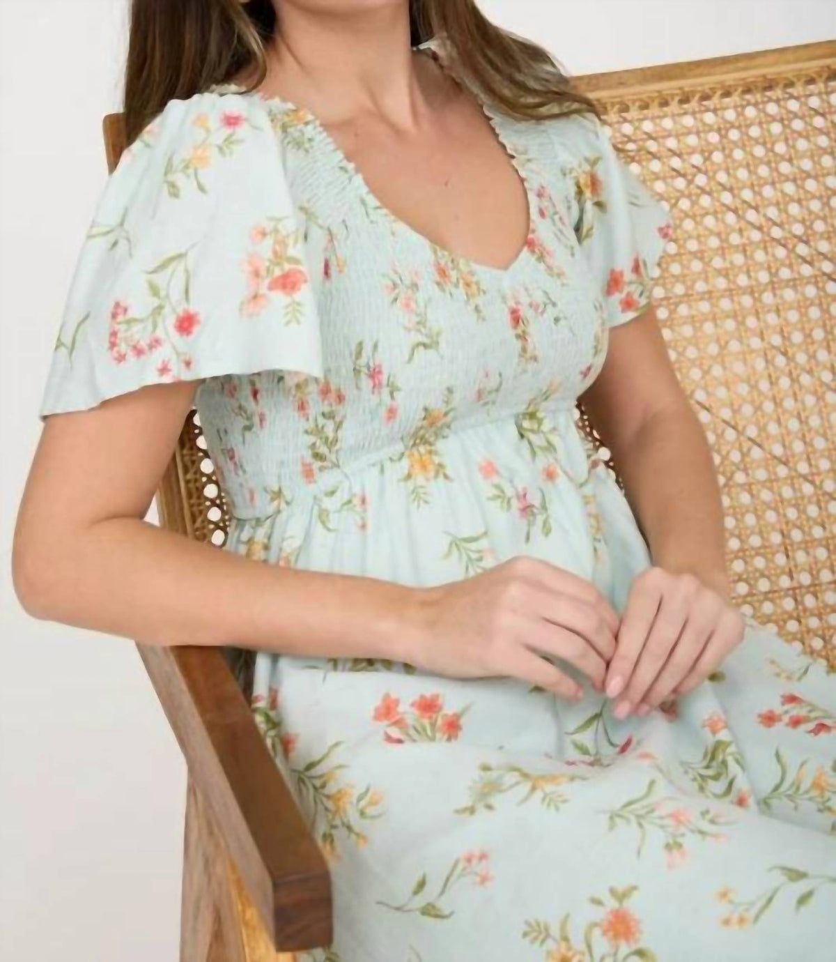 Floral Bell Sleeve Smocked Bust Midi Dress