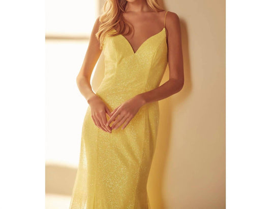 Glitter Mesh Fitted Evening Prom Gown