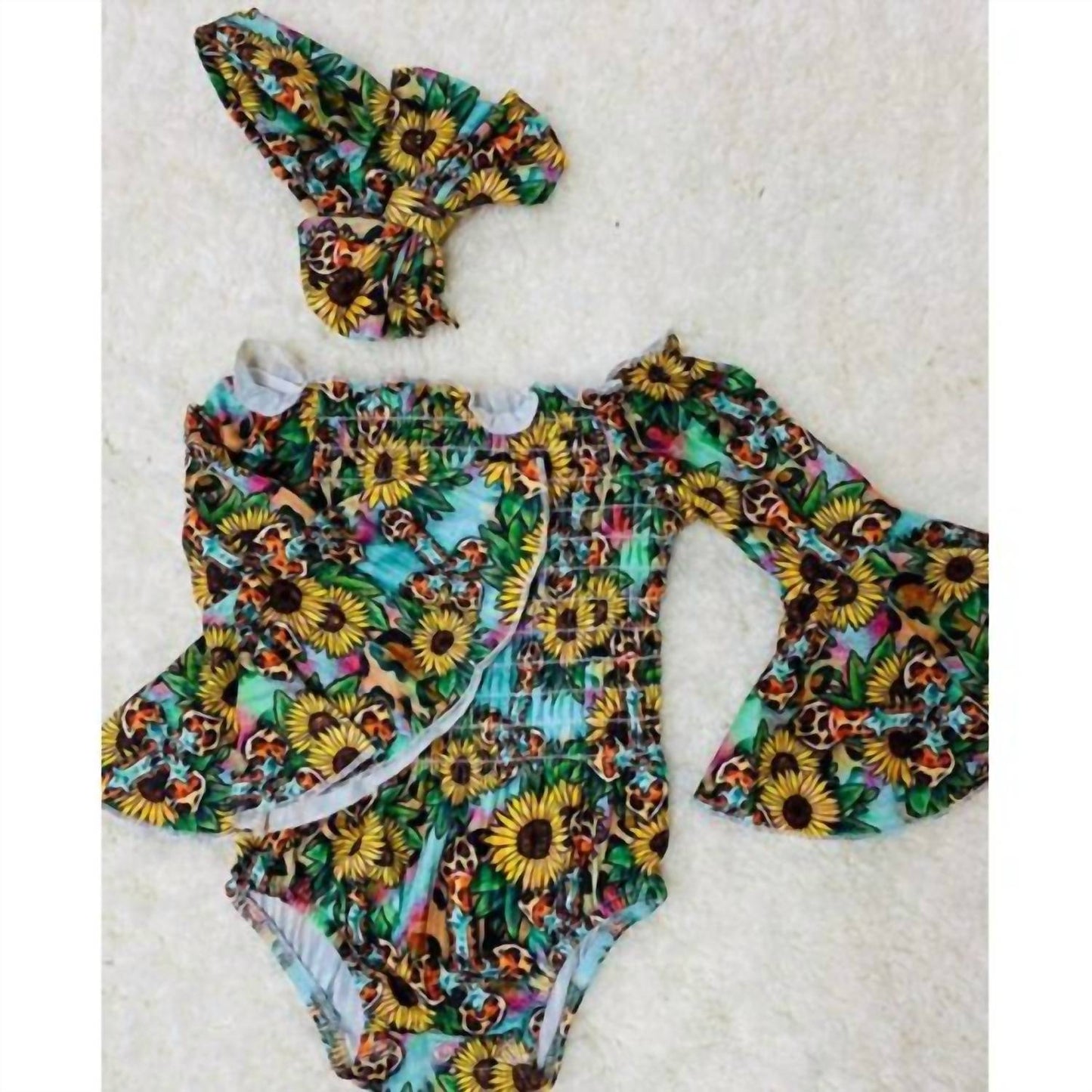 Girl's Sunflower Western Bell Sleeve Onesie & Headband Set