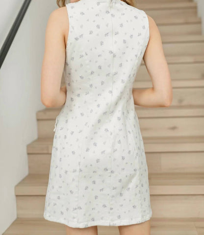 Boat Neck Sleeveless Ditsy Print Twill Mini Dress