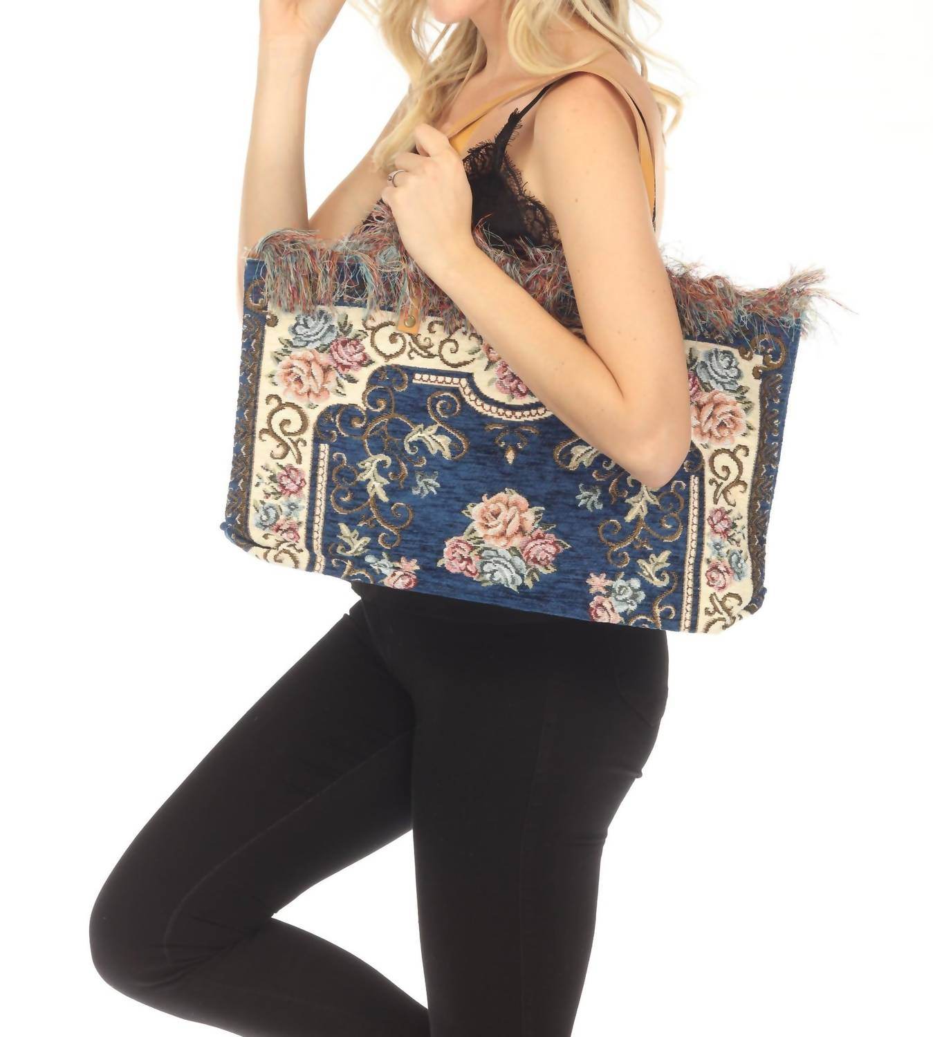 Jijou Capri - Women's Tapestry Leather Double Handle Handbag - Rack Hunt -