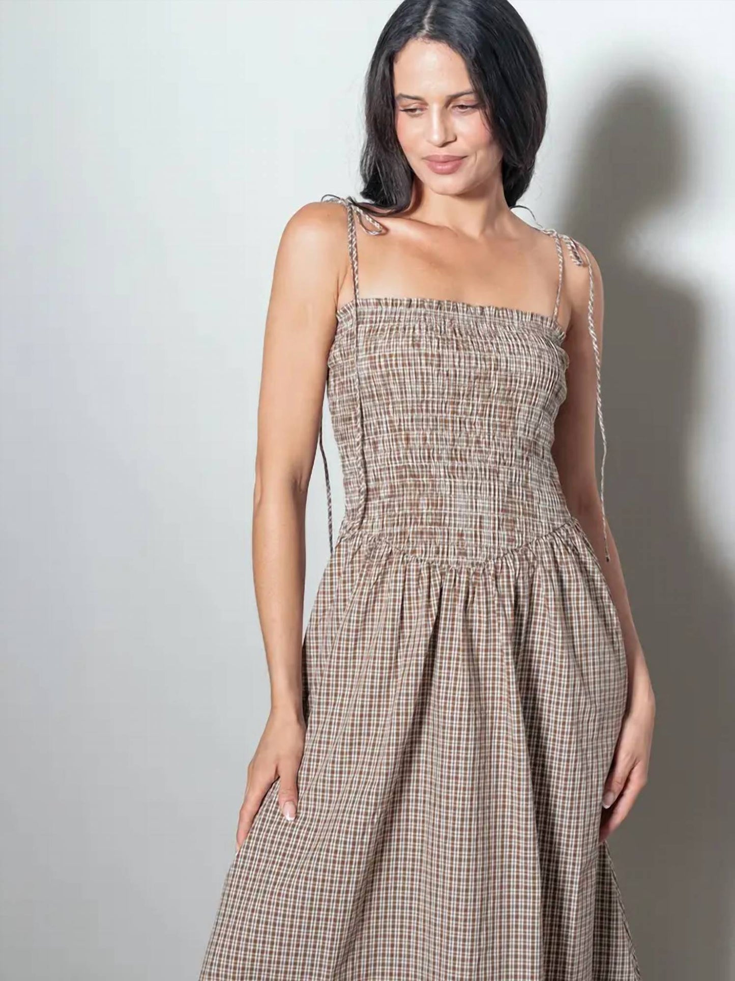 SMOCKED CHEST DROP WAIST PLAID CHECKERED DRESS WITH POCKETS
