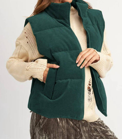 Corduroy Stand Neck Zipped Puffer Vest