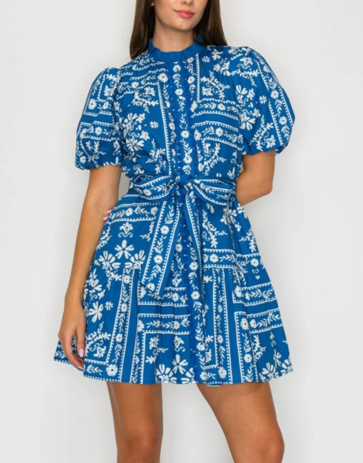 Bandana Print Cotton Puff Sleeve Mini Dress