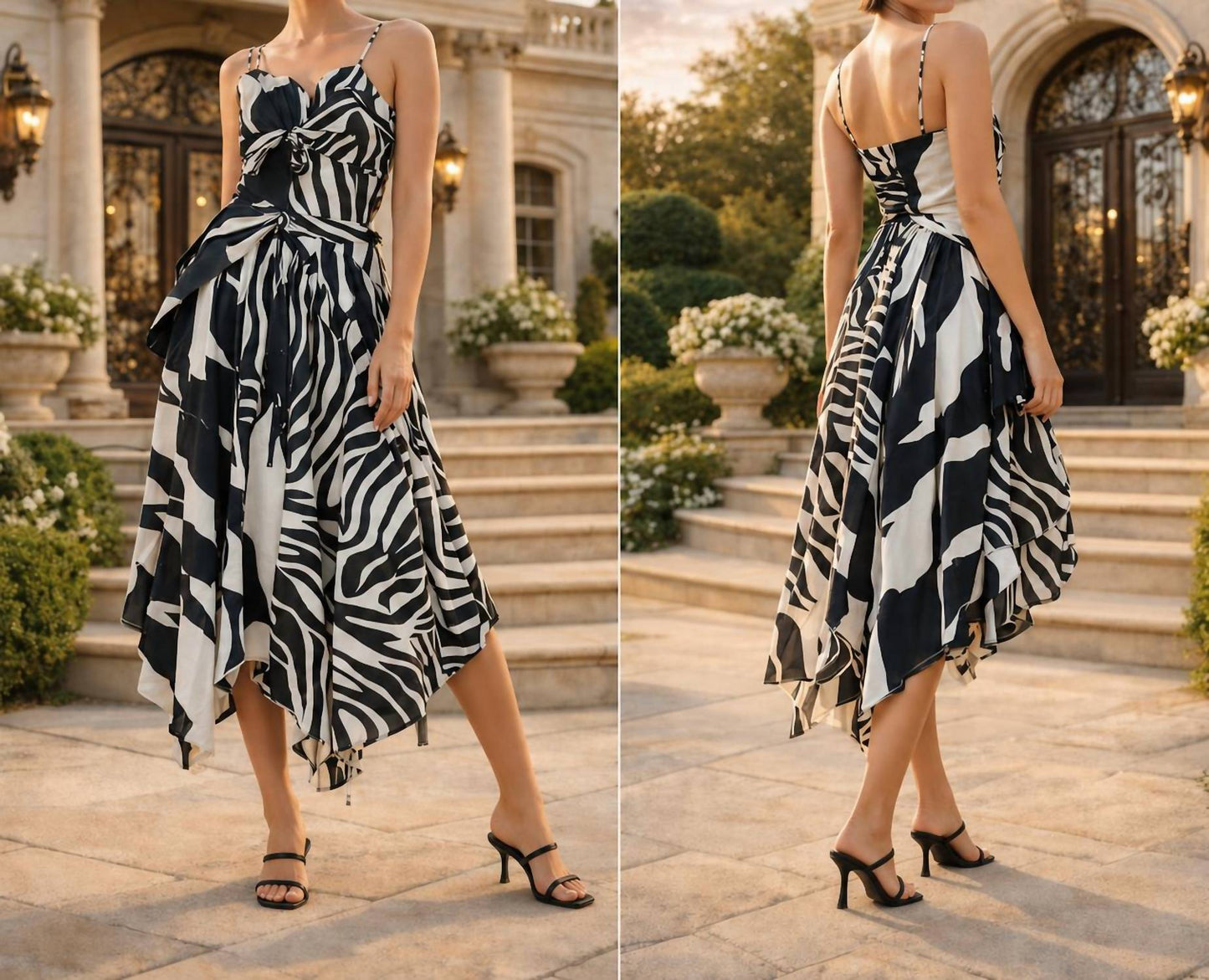Asymmetric Tie Front Mixed Print Maxi Dress