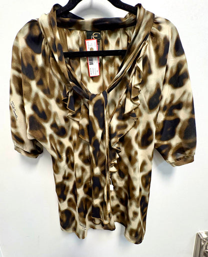 Women's Pre-loved Print Blouse With Ruffle Front Trim And Neck Tie