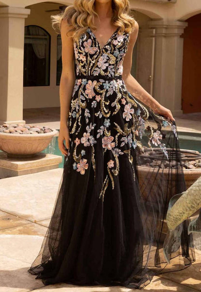 Floral Patterned Embellished Tulle Gown