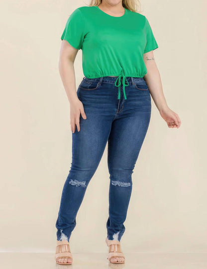 Tie Front Drawstring Short Sleeve Crop Top - Plus