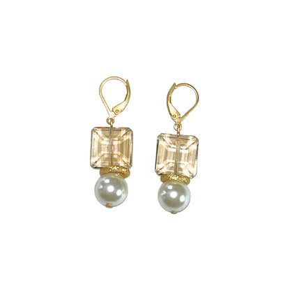 Women's Square Light Colorado Topaz Crystal With Glass Pearl Earrings