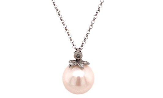 Women's Cultured Pearl Drop Necklace With Diamond