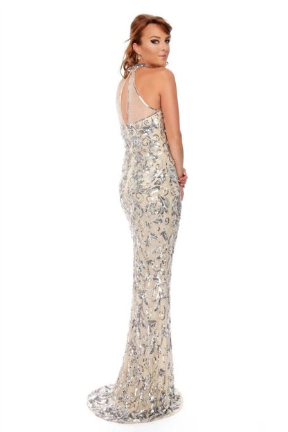 Precious Formals - Halter Neck Illusion Sequin Evening Gown - Rack Hunt