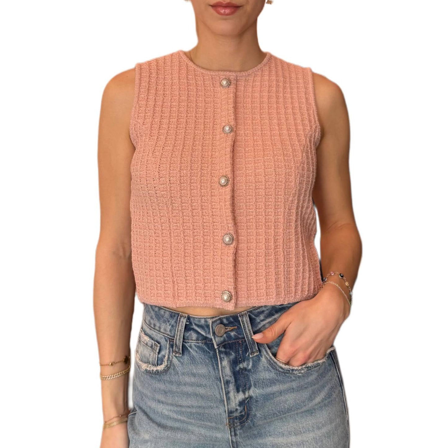 Round Neck Sleeveless Button Open Knit Top