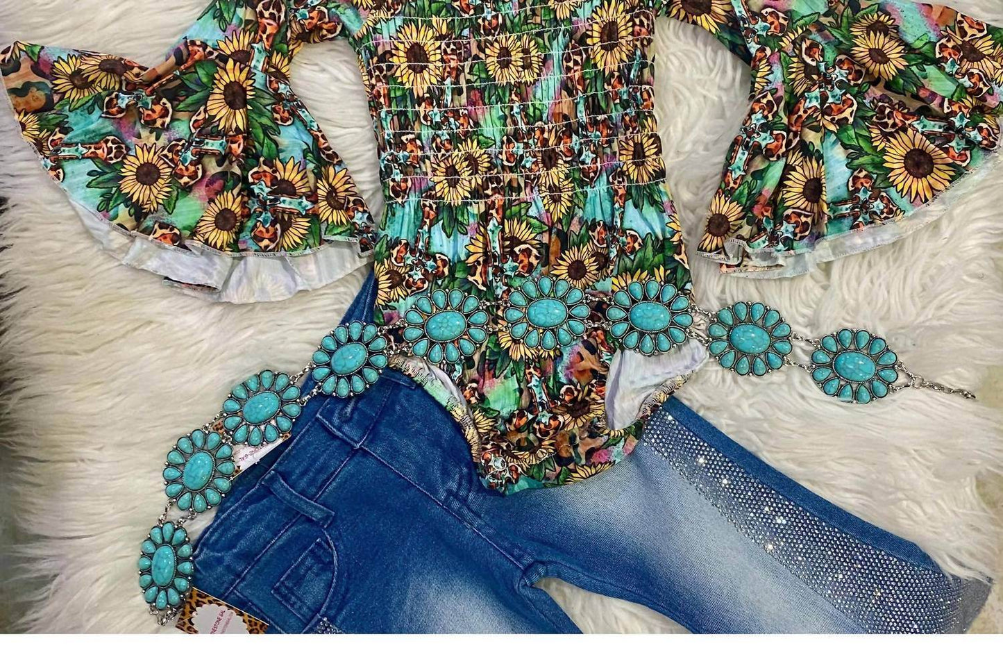 Lulu Clothes - Girl's Sunflower & Leopard Cross Baby Onesie With Headband - Rack Hunt -