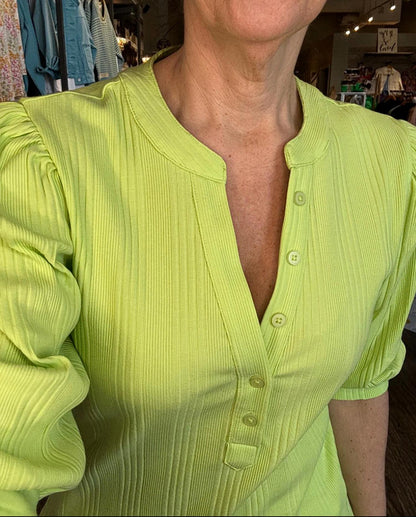 Button Front Elbow Sleeve Ribbed Top