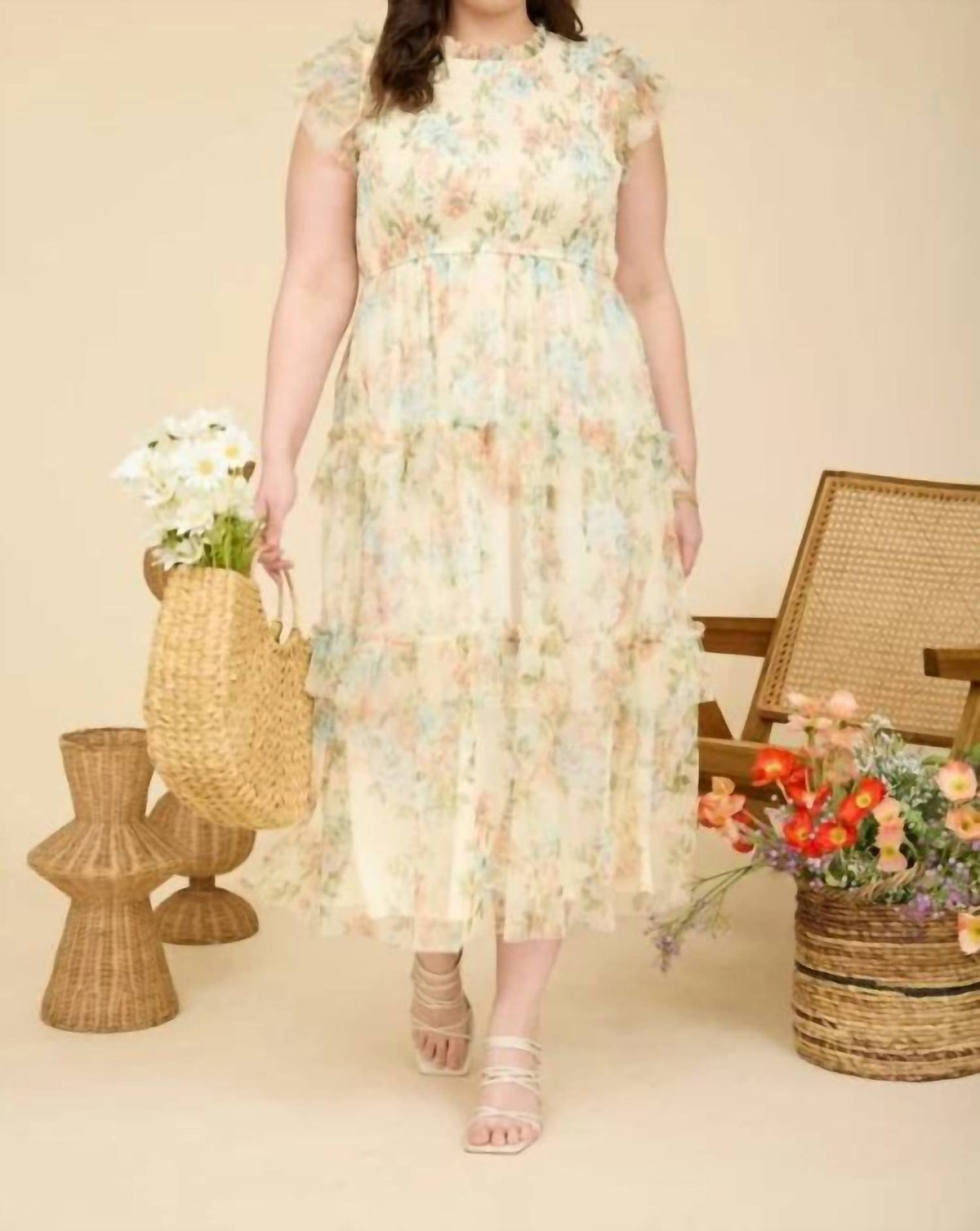Floral Tulle Pattern Smocked Midi Dress - Plus
