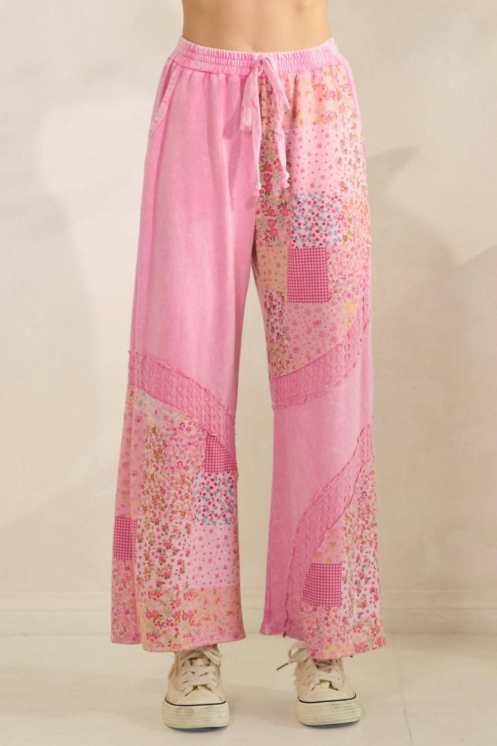 Mineral Washed Spring Picnic Print Lace Pants