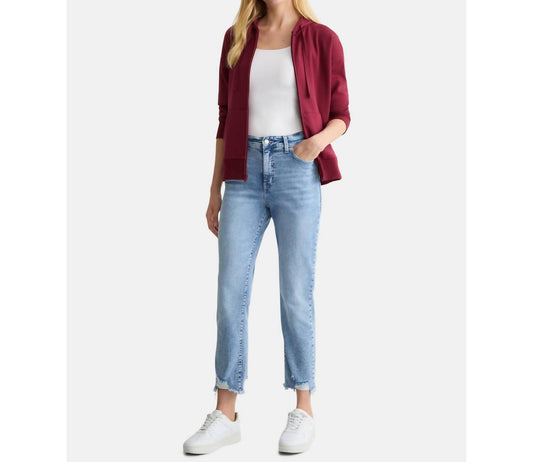 High Rise Straight Leg Destructed Hem Jeans