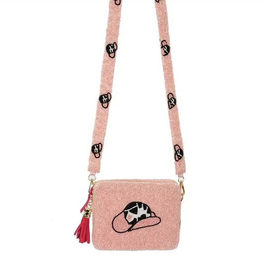 Beaded Cowboy Hat Accented Rectangle Tassel Crossbody Bag