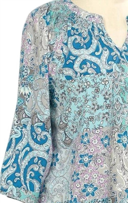 Women's 3/4 Sleeve Print Smock Neck Blouse