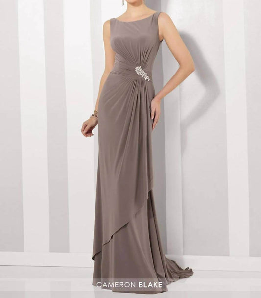 Social Occasions by Mon Cheri - Taupe Long Layered Gown - Rack Hunt