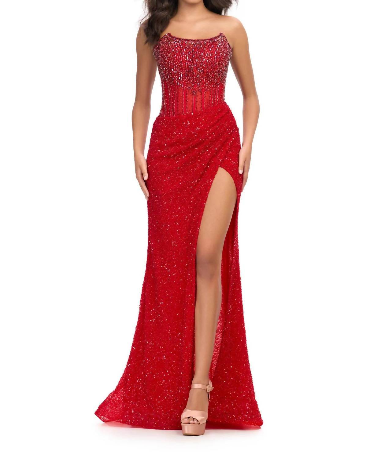 ASHLEYlauren - Crystal Beadwork Strapless Gown - Rack Hunt