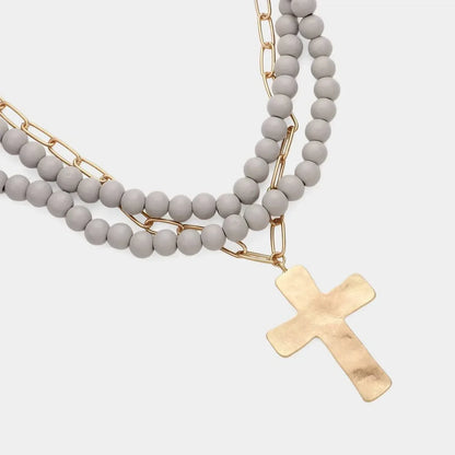 Sensibling Corp - Women's Maribelle Hammered Metal Cross Pendant Wood Bead Necklace - Rack Hunt