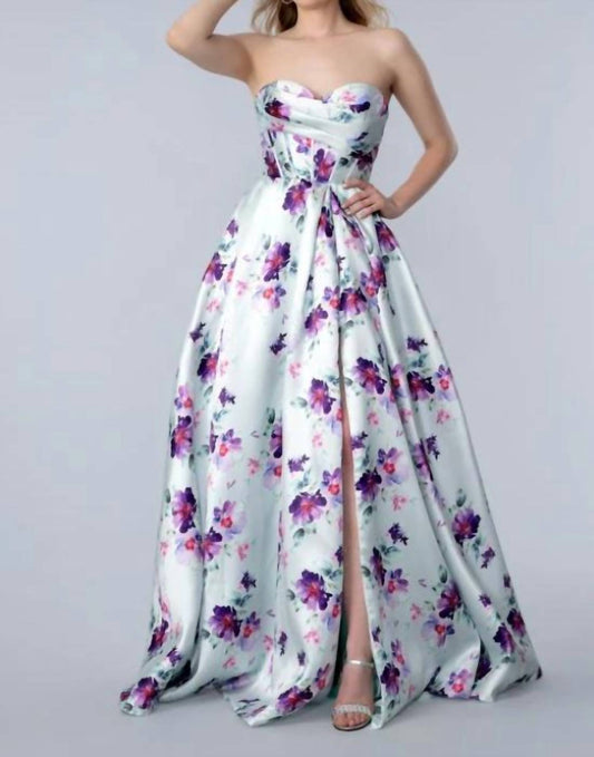 Long Formal A Line Floral Print Prom Dress
