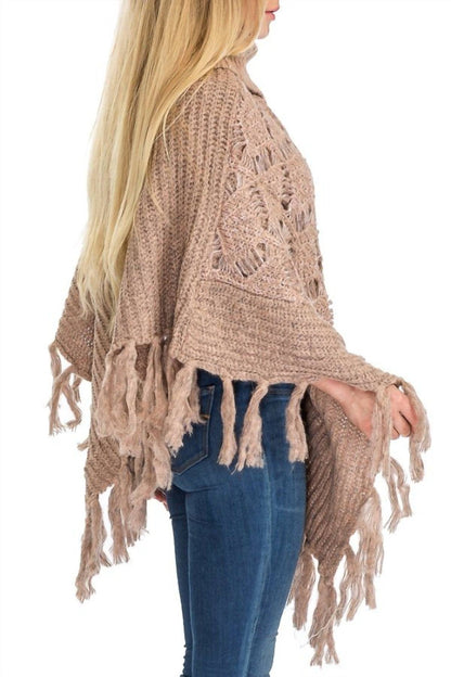 Turtleneck Ribbed Crochet Knit Poncho With Button Accent