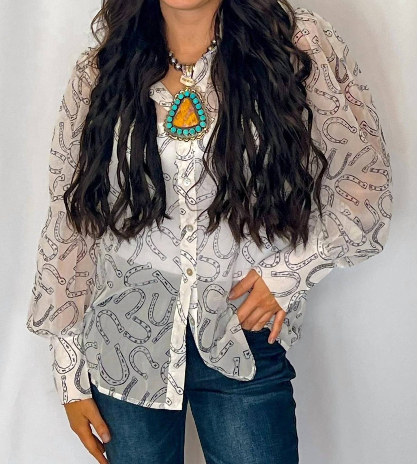 Sheer Chiffon Horseshoe Print Western Blouse