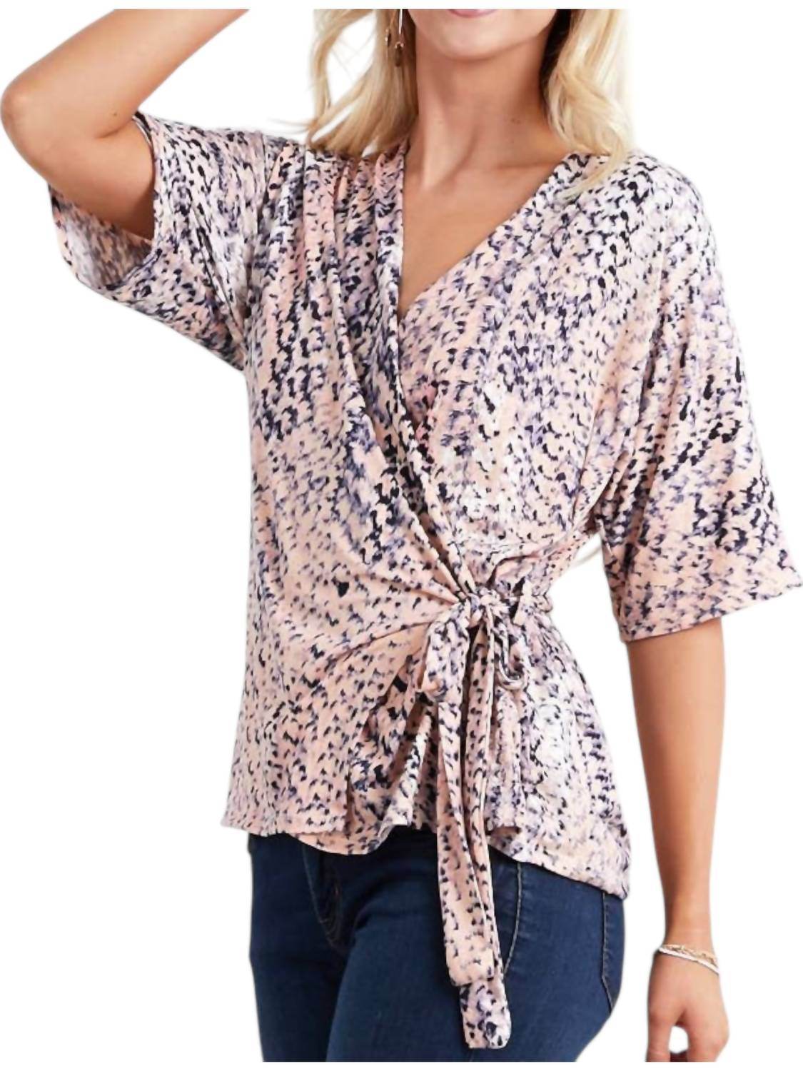 Doublju - Short Sleeve Wrap Style Side Tie Top - Rack Hunt -