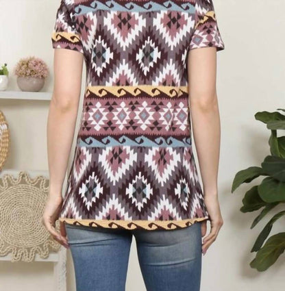 Women's Aztec Printed V-neck Short Sleeve Top