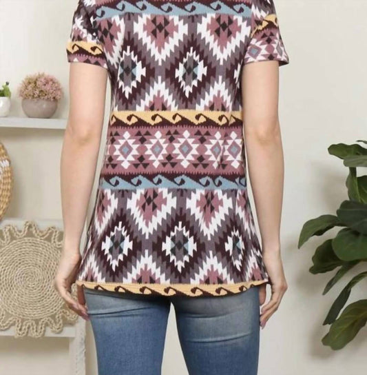 Women's Aztec Printed V-neck Short Sleeve Top