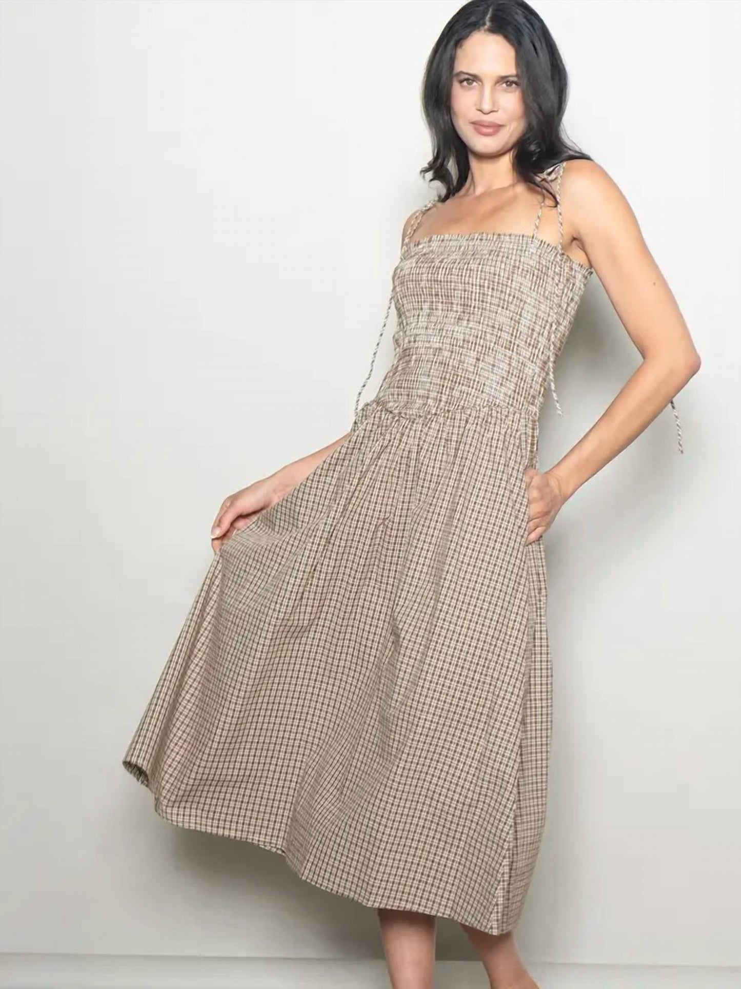 SMOCKED CHEST DROP WAIST PLAID CHECKERED DRESS WITH POCKETS