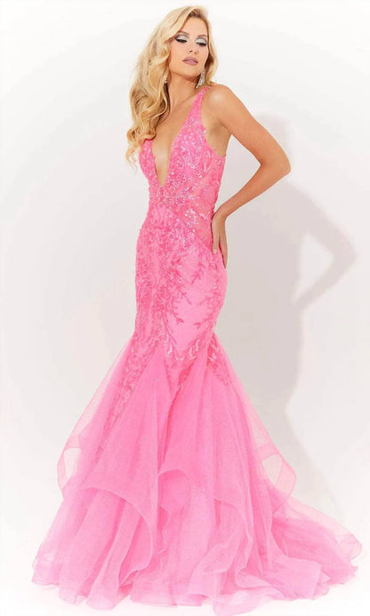 Floral Applique Embellished Prom Dress