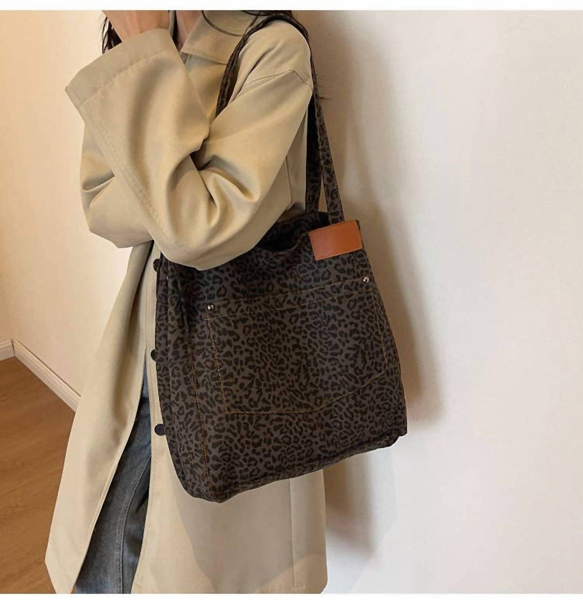 Leopard Print Slouchy Shoulder Tote Bag