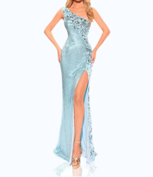 Fitted Beaded Sequin One Shoulder Slit Gown