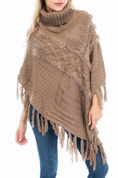 Luxury Turtleneck Poncho With Faux Fur Accent
