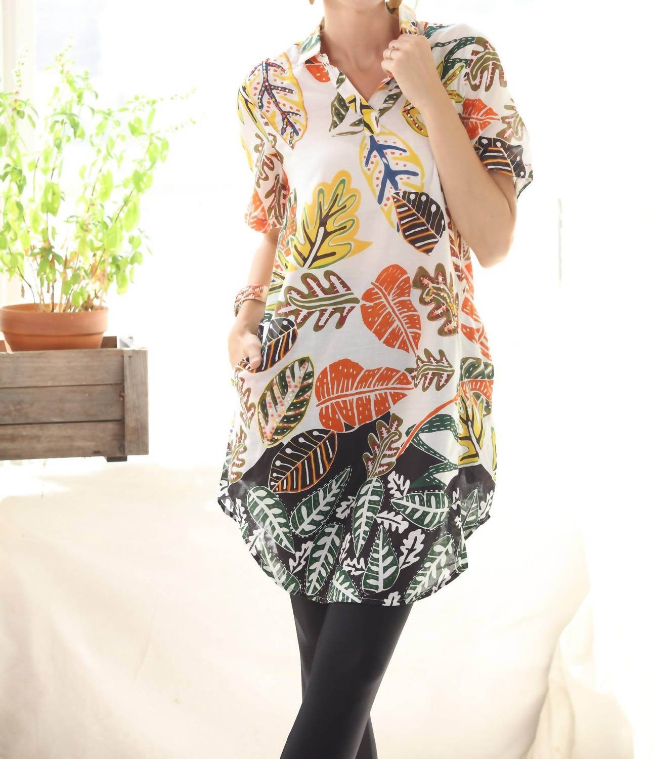 KikiSol - Artisan Leaf With Beading & Embroidered Tunic Top With Pockets - Rack Hunt -