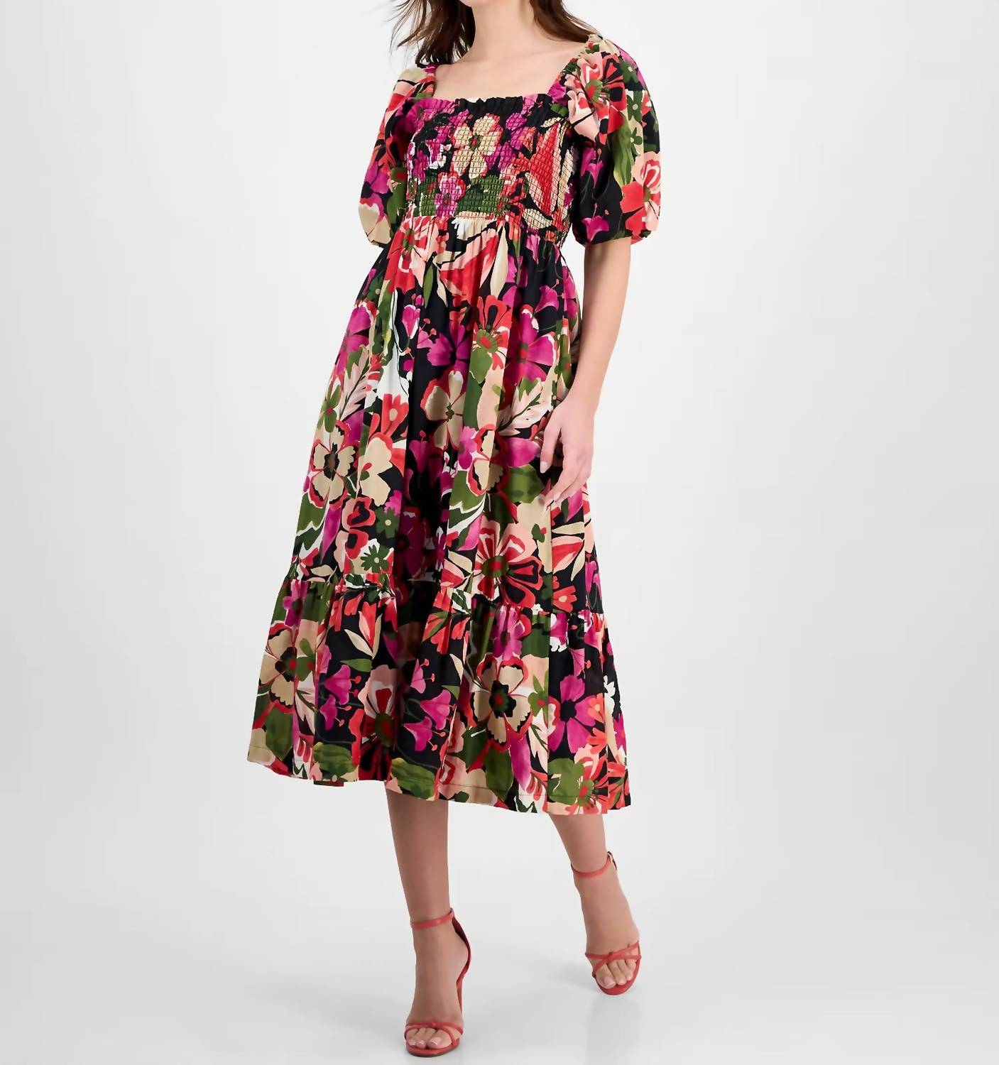 Women's Smocked Puff-sleeve Midi Dress