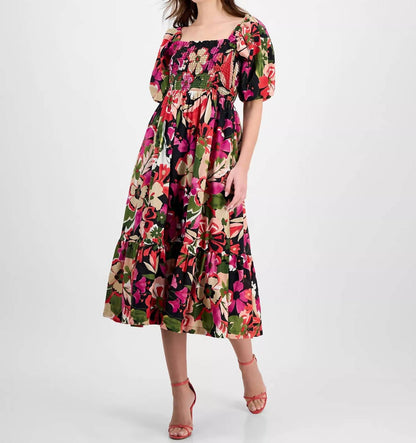 Women's Smocked Puff-sleeve Midi Dress