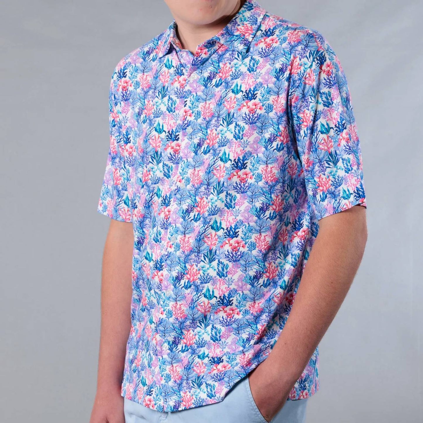 Coral Jungle Printed Pima Cotton Stretch Short Sleeve Shirt